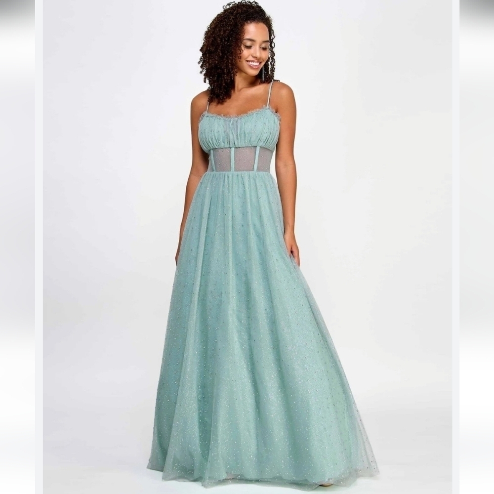 NWT TLC Say Yes Juniors Rhinestone-Embellished Mesh-Waist Gown in Seagreen 13/14